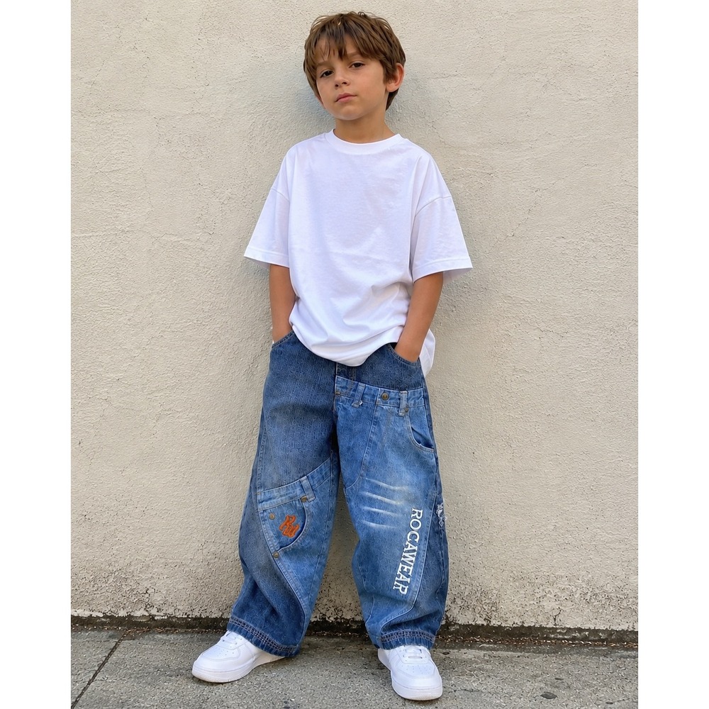 Rocawear Toddler Boys Size 5 Baggy Denim Jeans Blue Embroidered 7 Pocket Pants